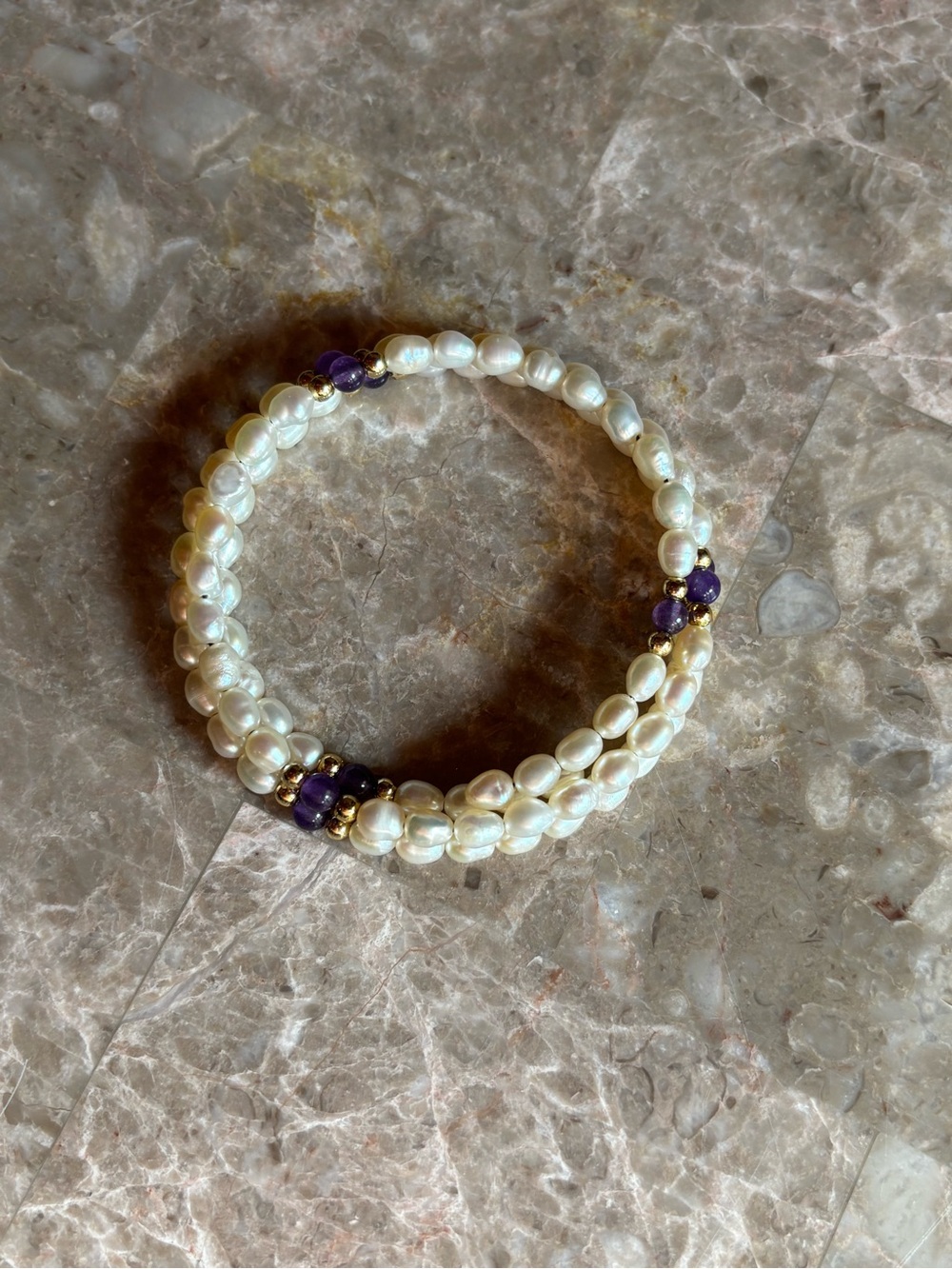 Pearl and Amethyst Flexi Beaded Bracelet - Elegant White and Purple Jewelry